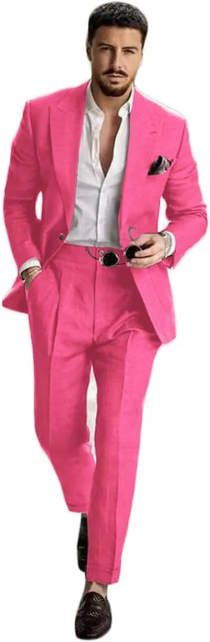 ONAXTDA Linen Mens 2 Piece Suit One Button Jacket Pants Regular Fit Solid Casual Summer Tuxedo for Prom Wedding