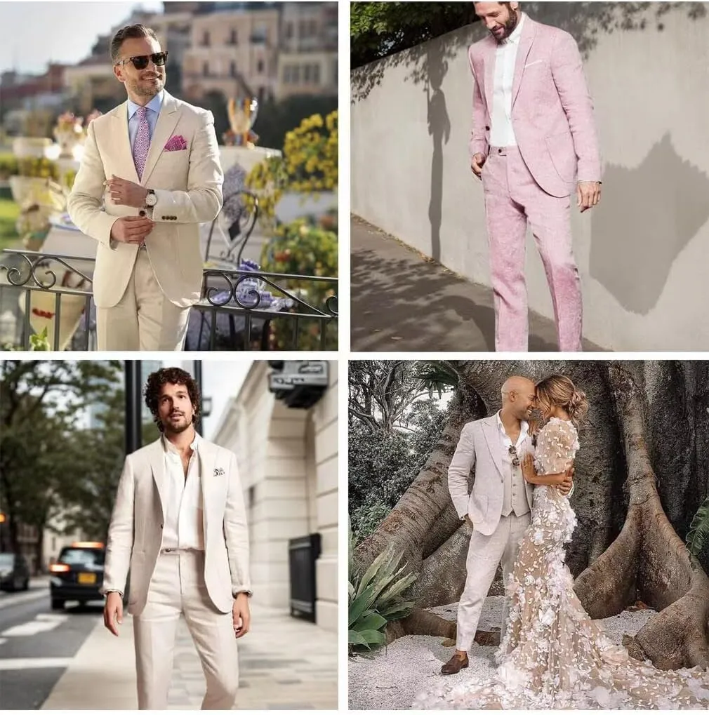 ONAXTDA Linen Mens 2 Piece Suit One Button Jacket Pants Regular Fit Solid Casual Summer Tuxedo for Prom Wedding