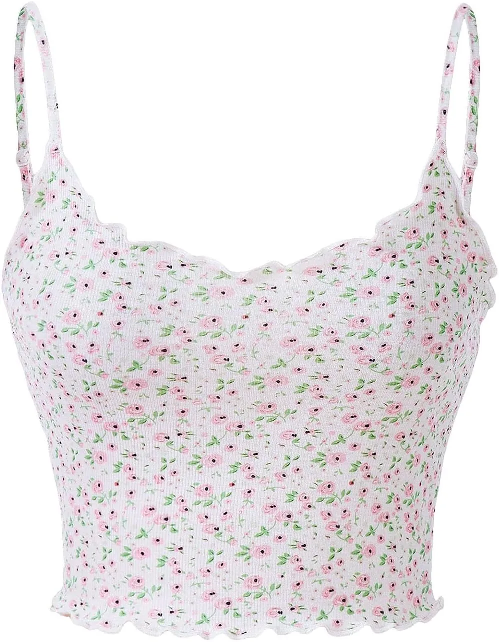 OYOANGLE Women's Floral Print Cami Top Spaghetti Strap Lettuce Trim Cute Fitted Crop Camisole