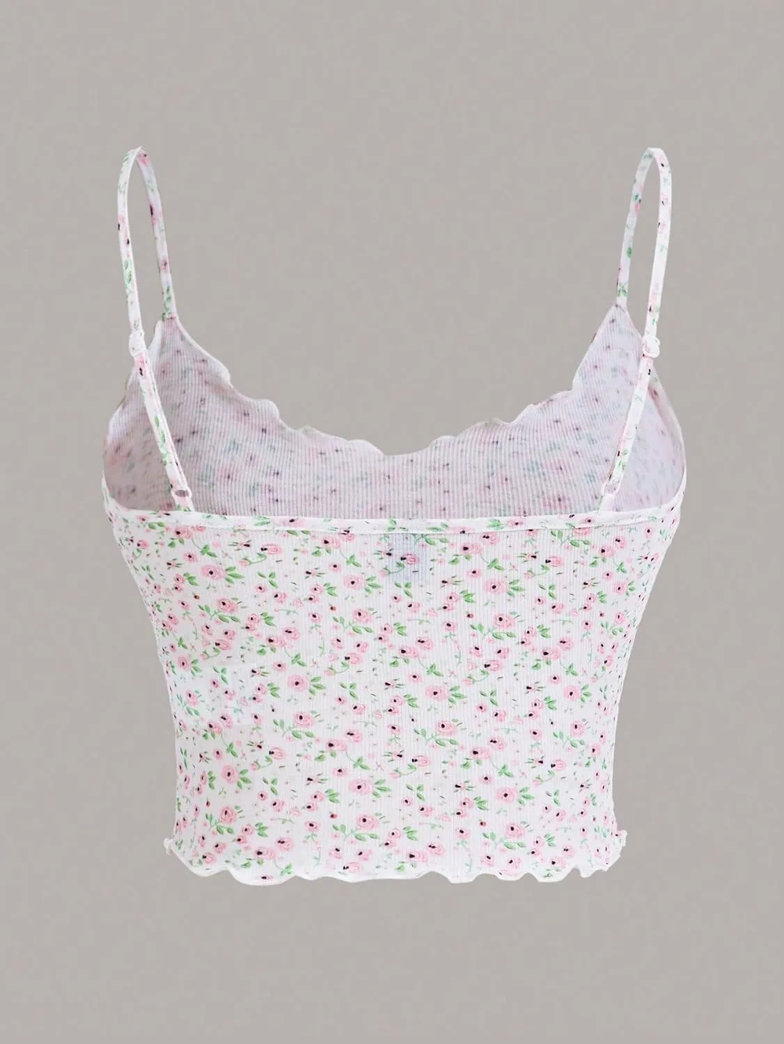 OYOANGLE Women's Floral Print Cami Top Spaghetti Strap Lettuce Trim Cute Fitted Crop Camisole