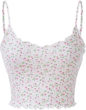 OYOANGLE Women's Floral Print Cami Top Spaghetti Strap Lettuce Trim Cute Fitted Crop Camisole