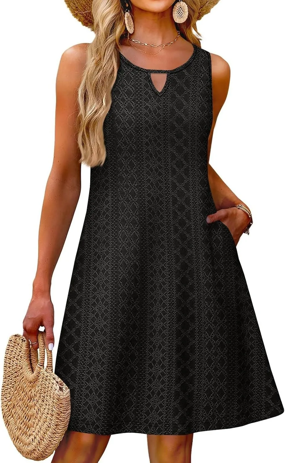 PETYCZEN Beach Dresses for Women 2025 Summer Keyhole Neck Eyelet Dress with Pockets Casual Vacation Tank Dress Beach Cover Up