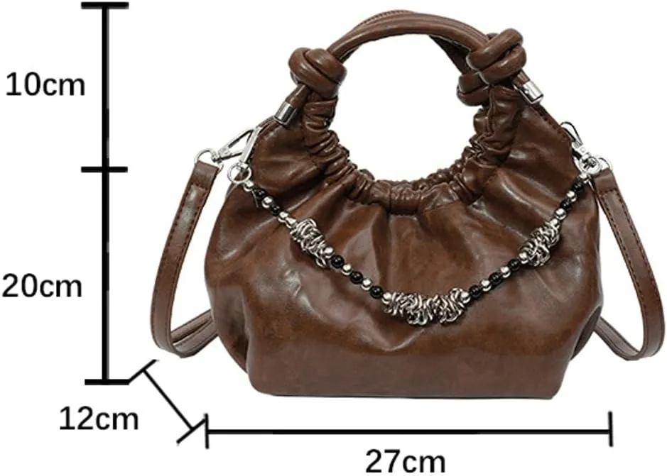Pleated Bucket Bags for Women Soft Vegan Leather Cross Body Bag with Removable Strap Trendy Metal Chain Handbags