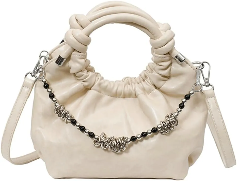 Pleated Bucket Bags for Women Soft Vegan Leather Cross Body Bag with Removable Strap Trendy Metal Chain Handbags