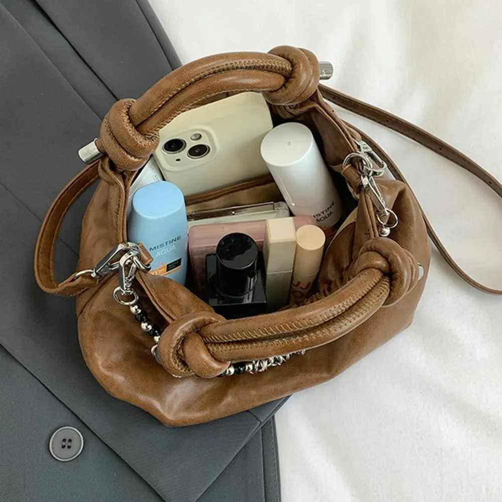 Pleated Bucket Bags for Women Soft Vegan Leather Cross Body Bag with Removable Strap Trendy Metal Chain Handbags