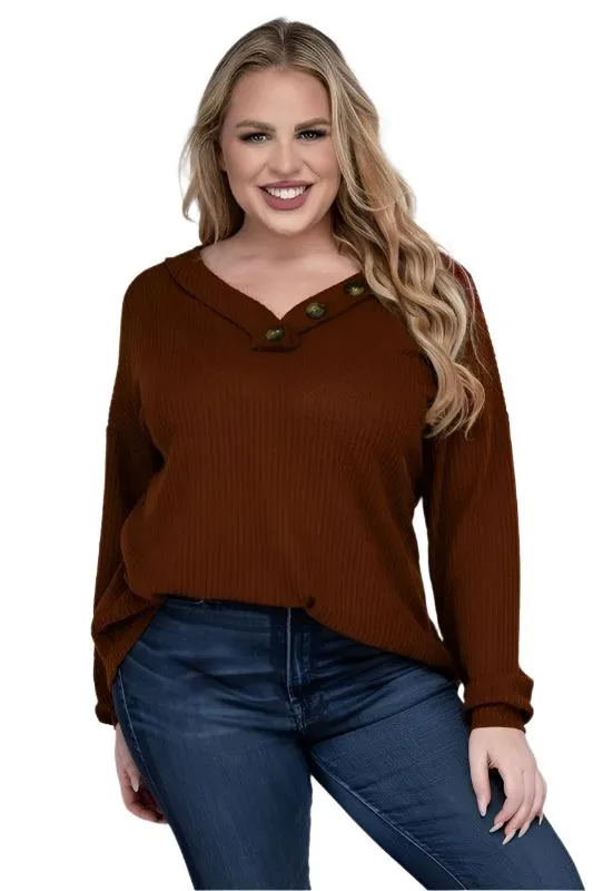 Plus Brushed Waffle V-Neck Button Detail Sweater