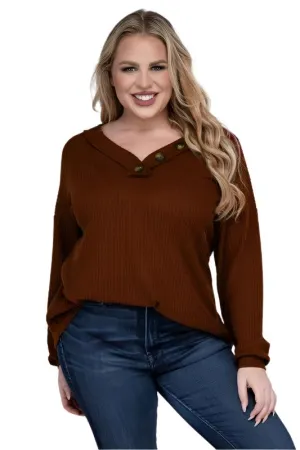 Plus Brushed Waffle V-Neck Button Detail Sweater