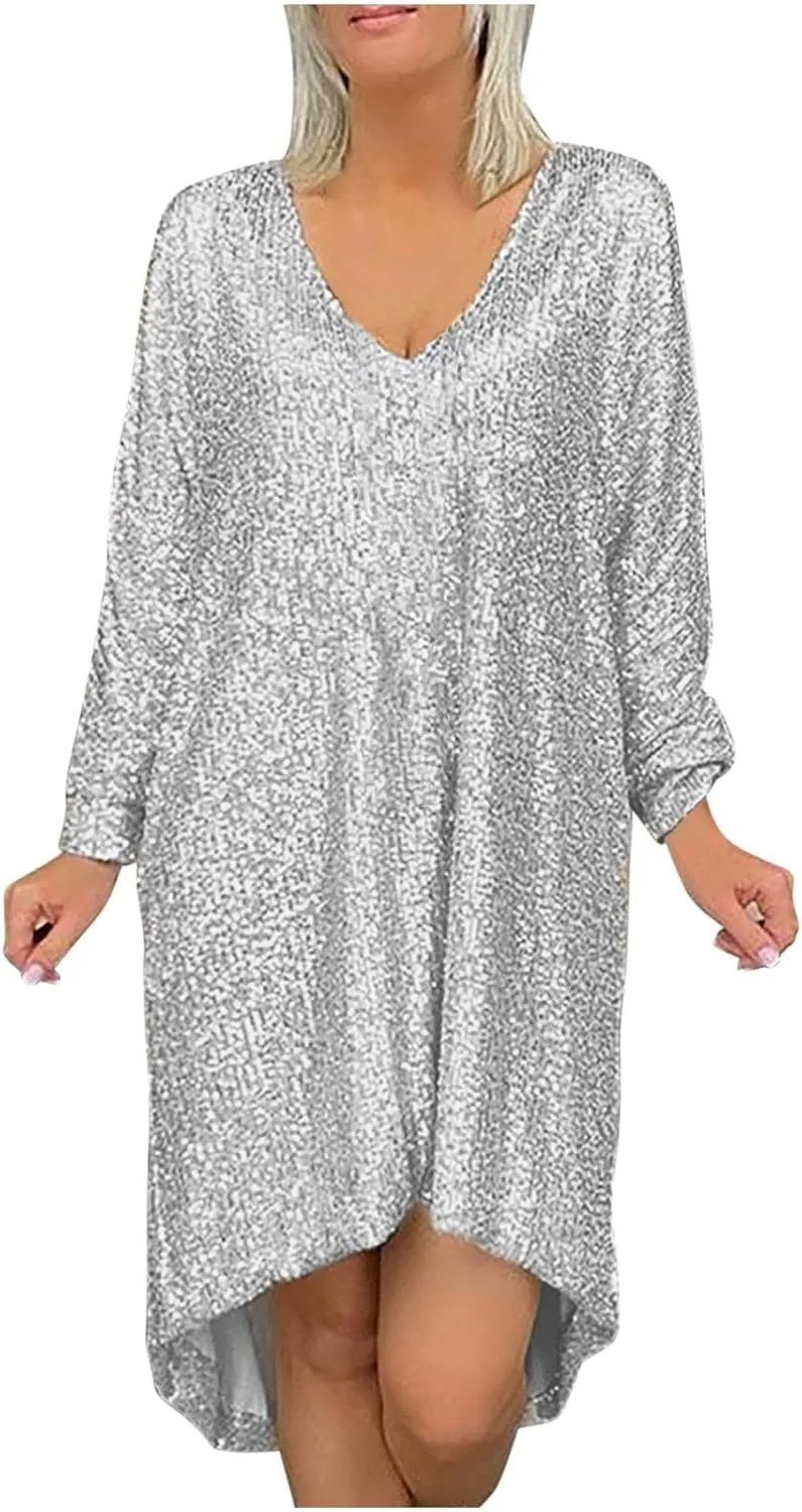 Plus Size Dresses for Women Sequin Sparkly V-Neck Long Sleeve Flowy Dress Comfy Elegant Outdoor Vacation Midi Dresses