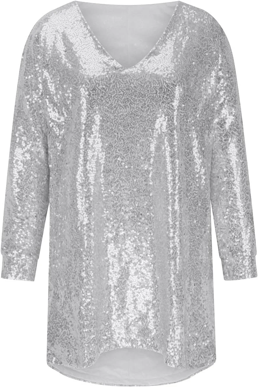 Plus Size Dresses for Women Sequin Sparkly V-Neck Long Sleeve Flowy Dress Comfy Elegant Outdoor Vacation Midi Dresses