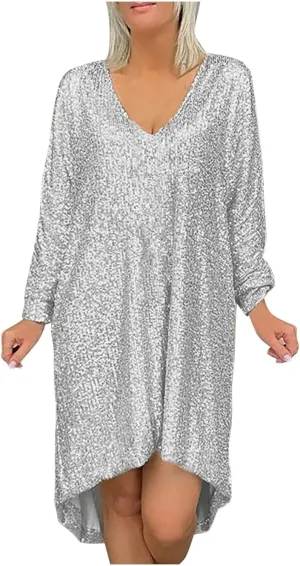 Plus Size Dresses for Women Sequin Sparkly V-Neck Long Sleeve Flowy Dress Comfy Elegant Outdoor Vacation Midi Dresses