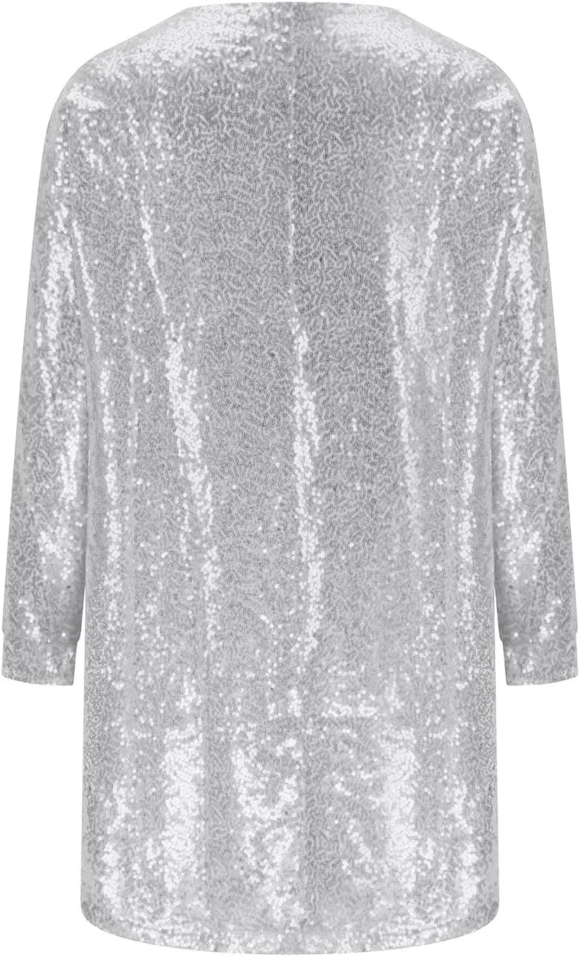 Plus Size Dresses for Women Sequin Sparkly V-Neck Long Sleeve Flowy Dress Comfy Elegant Outdoor Vacation Midi Dresses
