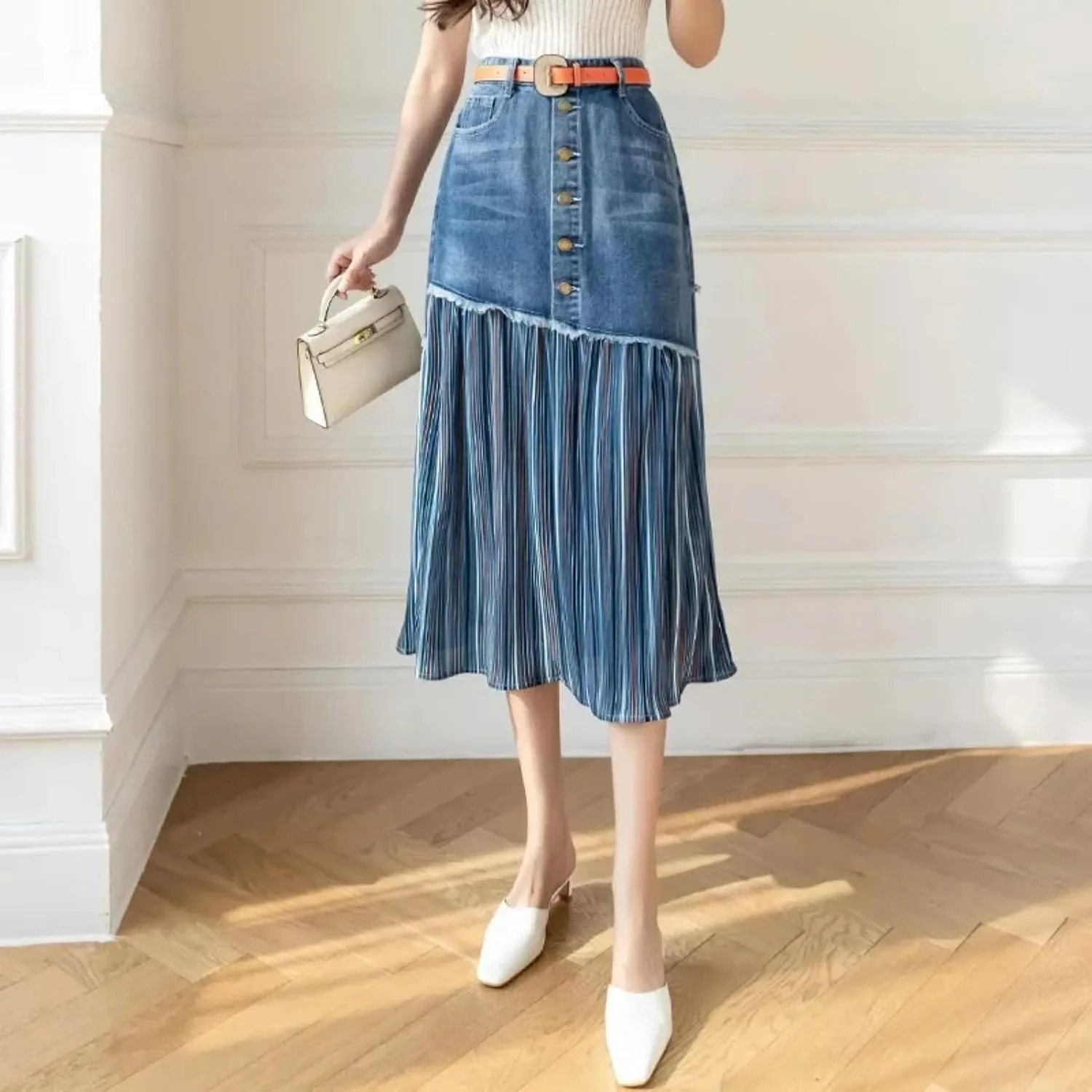 Plus Size Women High-Waisted Denim Skirt Weight Capacity Long Dress