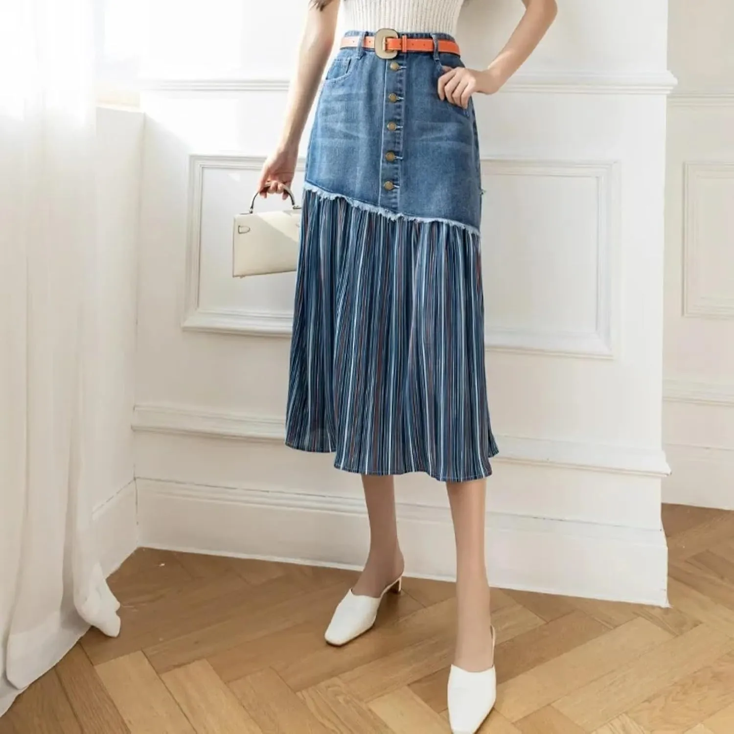 Plus Size Women High-Waisted Denim Skirt Weight Capacity Long Dress