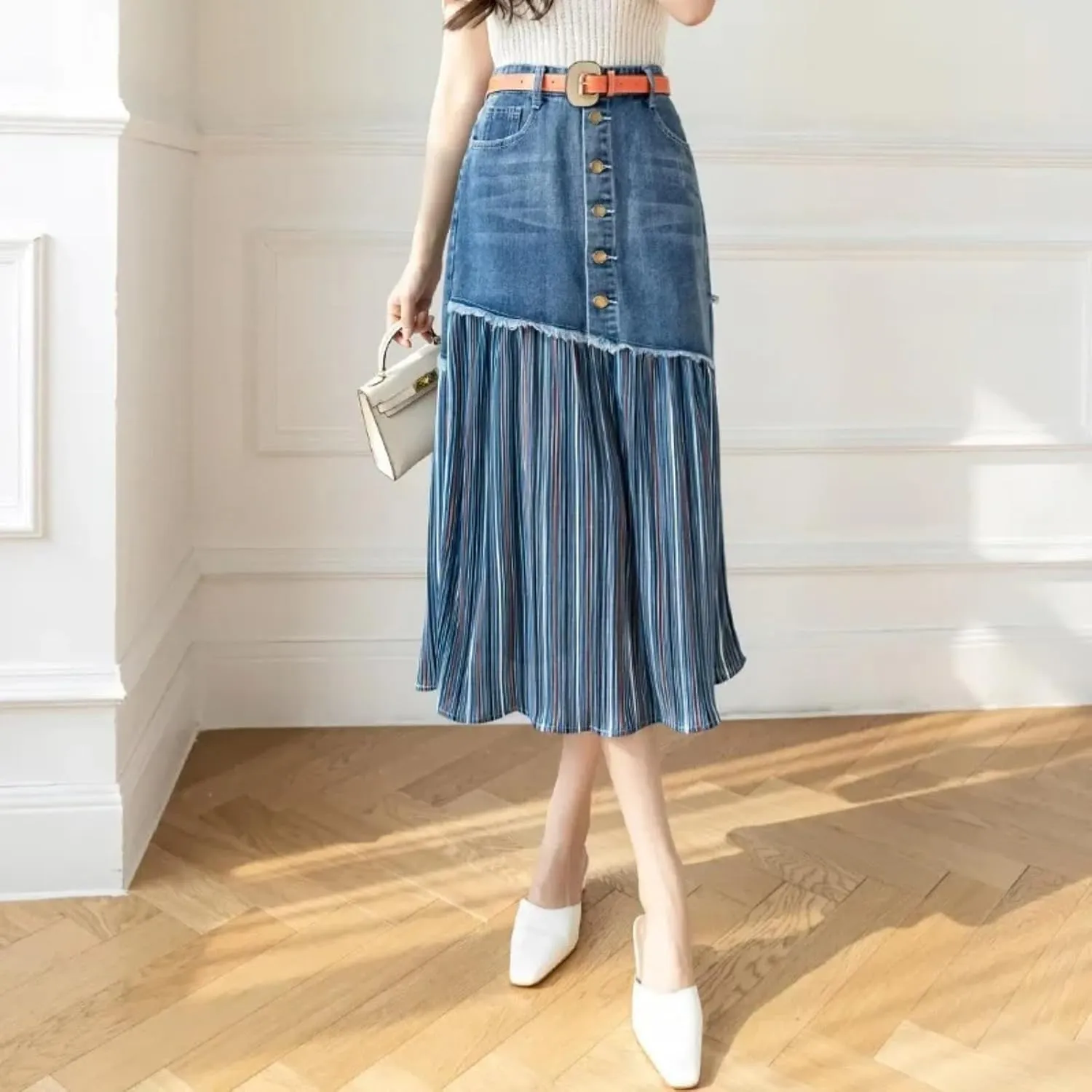 Plus Size Women High-Waisted Denim Skirt Weight Capacity Long Dress