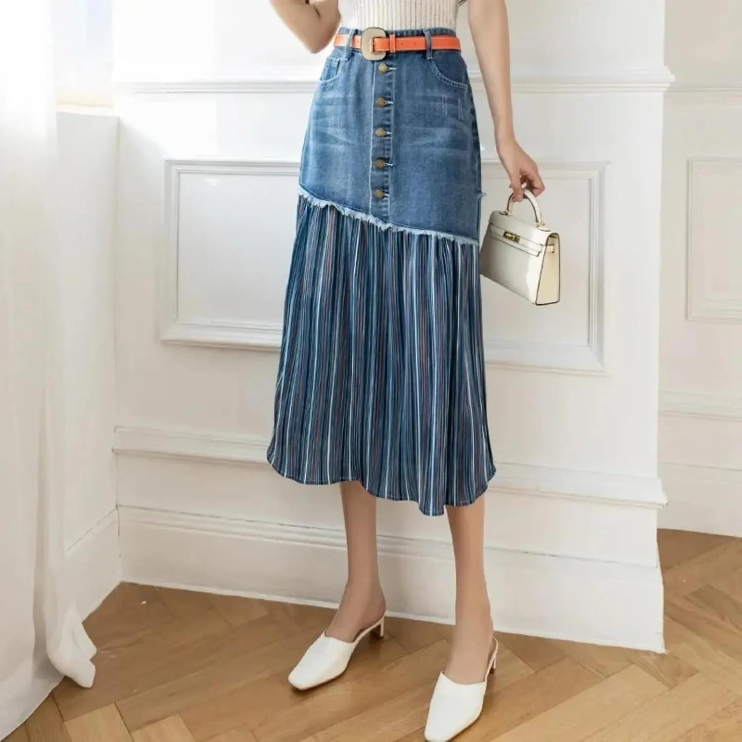 Plus Size Women High-Waisted Denim Skirt Weight Capacity Long Dress