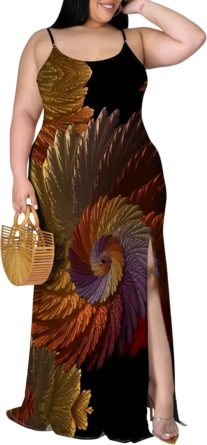Plus Size Womens Casual Sleeveless Sundress Summer Spaghetti Strap Side Split Long Beach Maxi Dress Elegant Wedding Evening