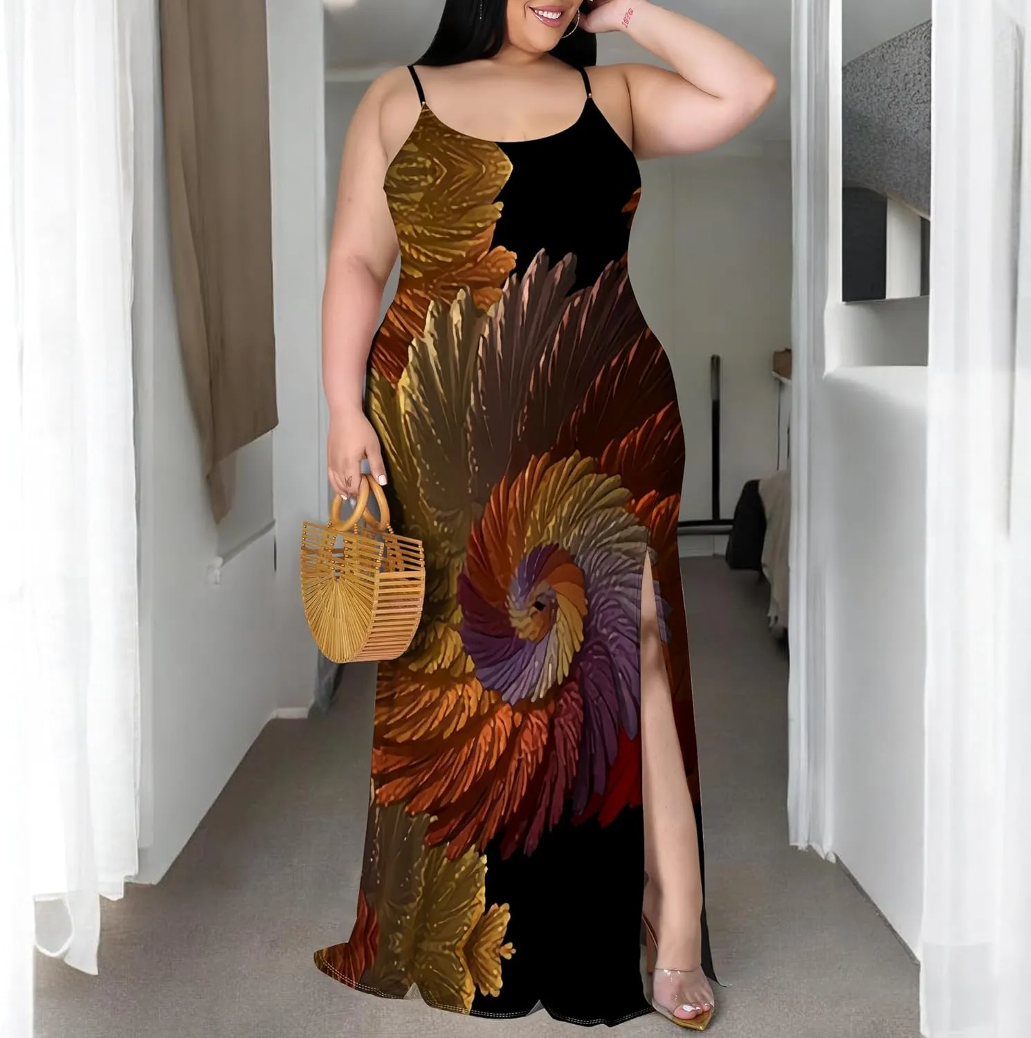 Plus Size Womens Casual Sleeveless Sundress Summer Spaghetti Strap Side Split Long Beach Maxi Dress Elegant Wedding Evening