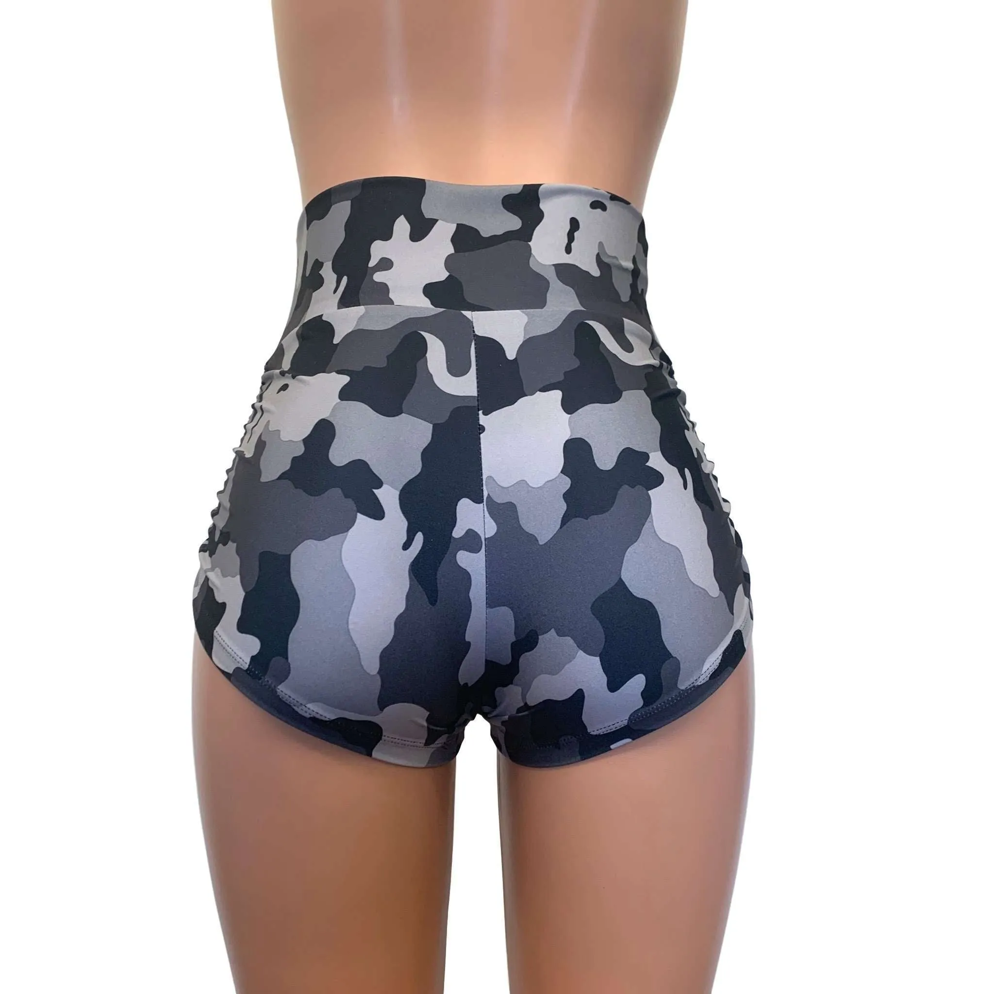 Ruched Booty Shorts - Black & Gray Camo