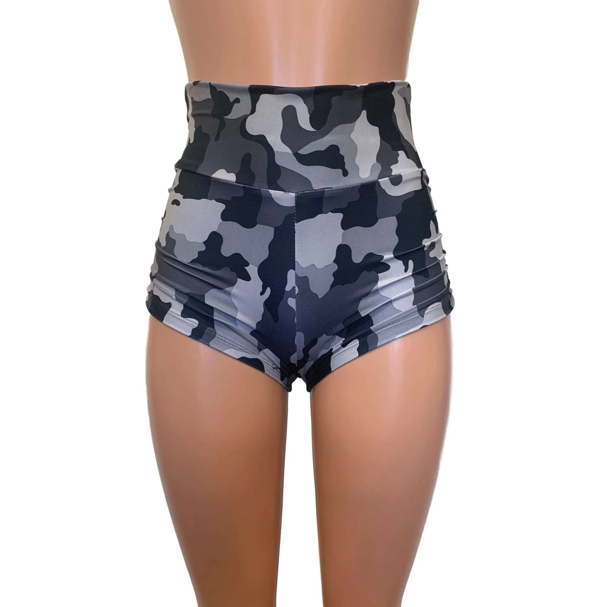 Ruched Booty Shorts - Black & Gray Camo