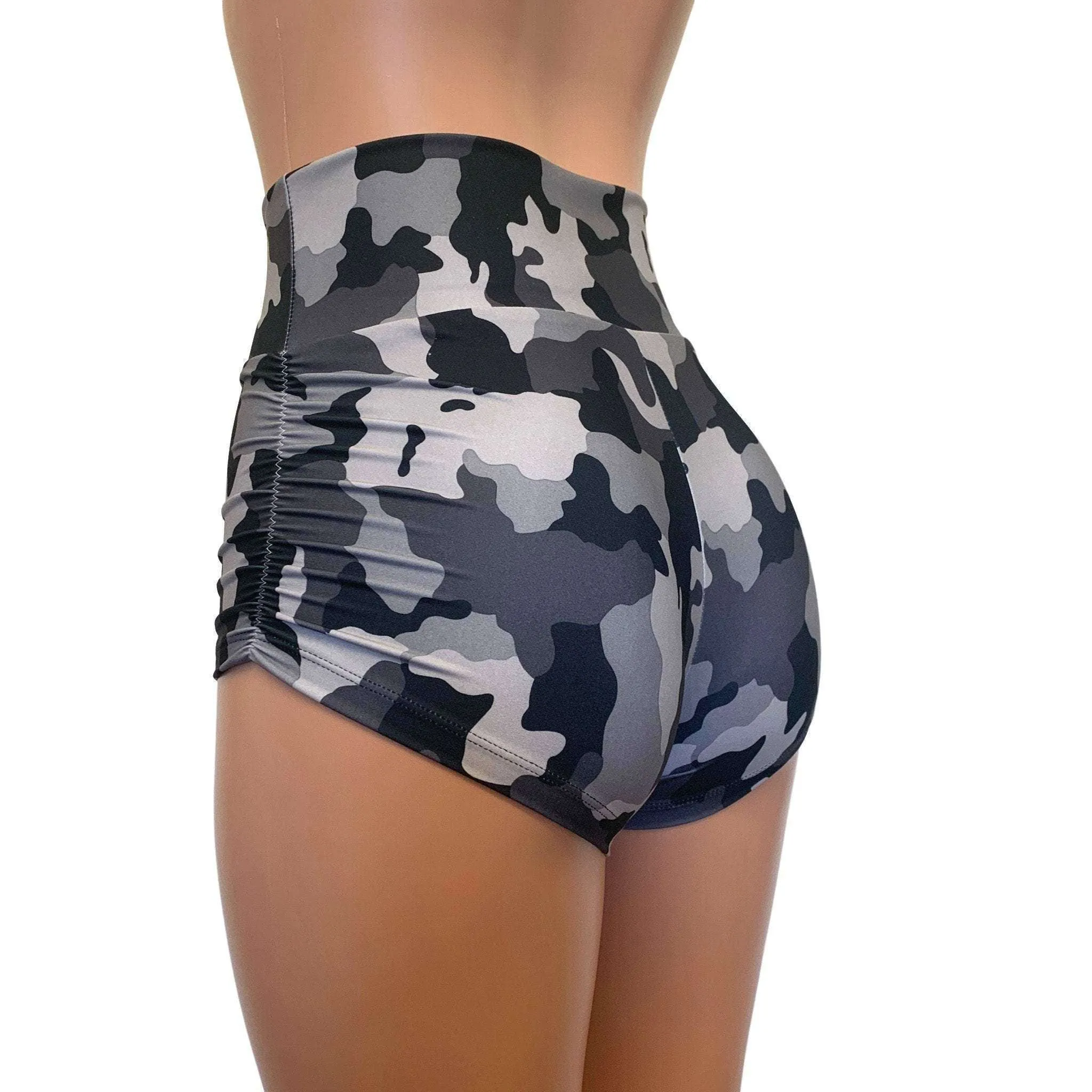 Ruched Booty Shorts - Black & Gray Camo
