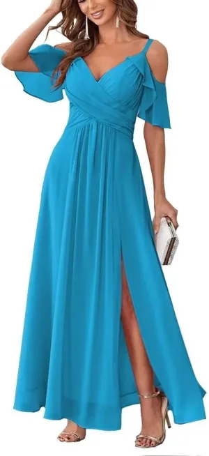 Ruffles Sleeve Bridesmaid Dresses for Wedding Cold Shoulder Split Formal Dresses for Women
