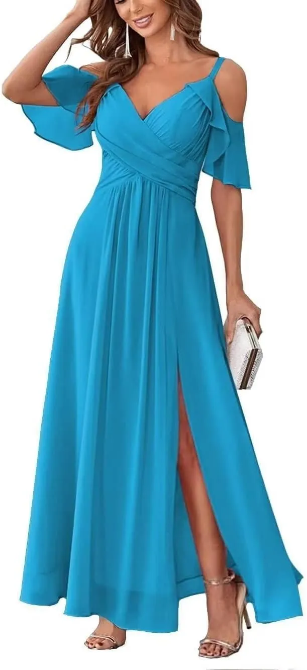 Ruffles Sleeve Bridesmaid Dresses for Wedding Cold Shoulder Split Formal Dresses for Women