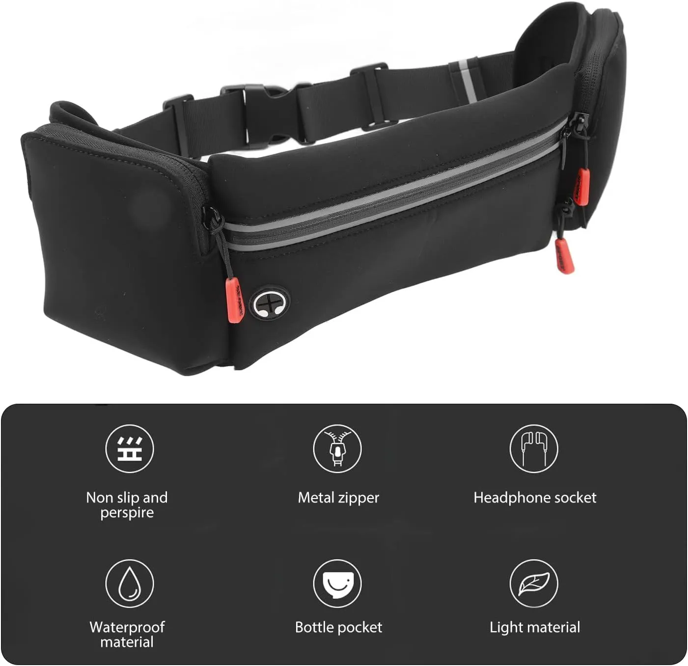 Running Waist Pack, Hands, Polyurethane Fiber, Chinlon, Absorb Moisture, Portable Hydration Belt with 3 Large Pockets for Fitness (Black)