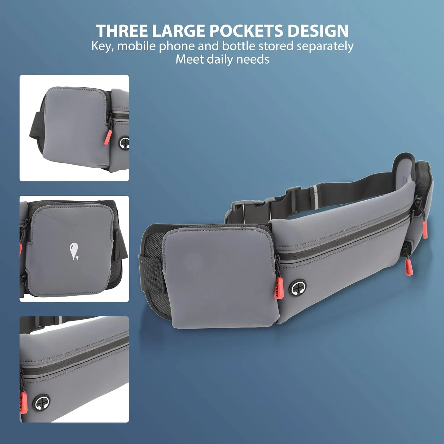 Running Waist Pack, Hands, Polyurethane Fiber, Chinlon, Absorb Moisture, Portable Hydration Belt with 3 Large Pockets for Fitness (Grey)