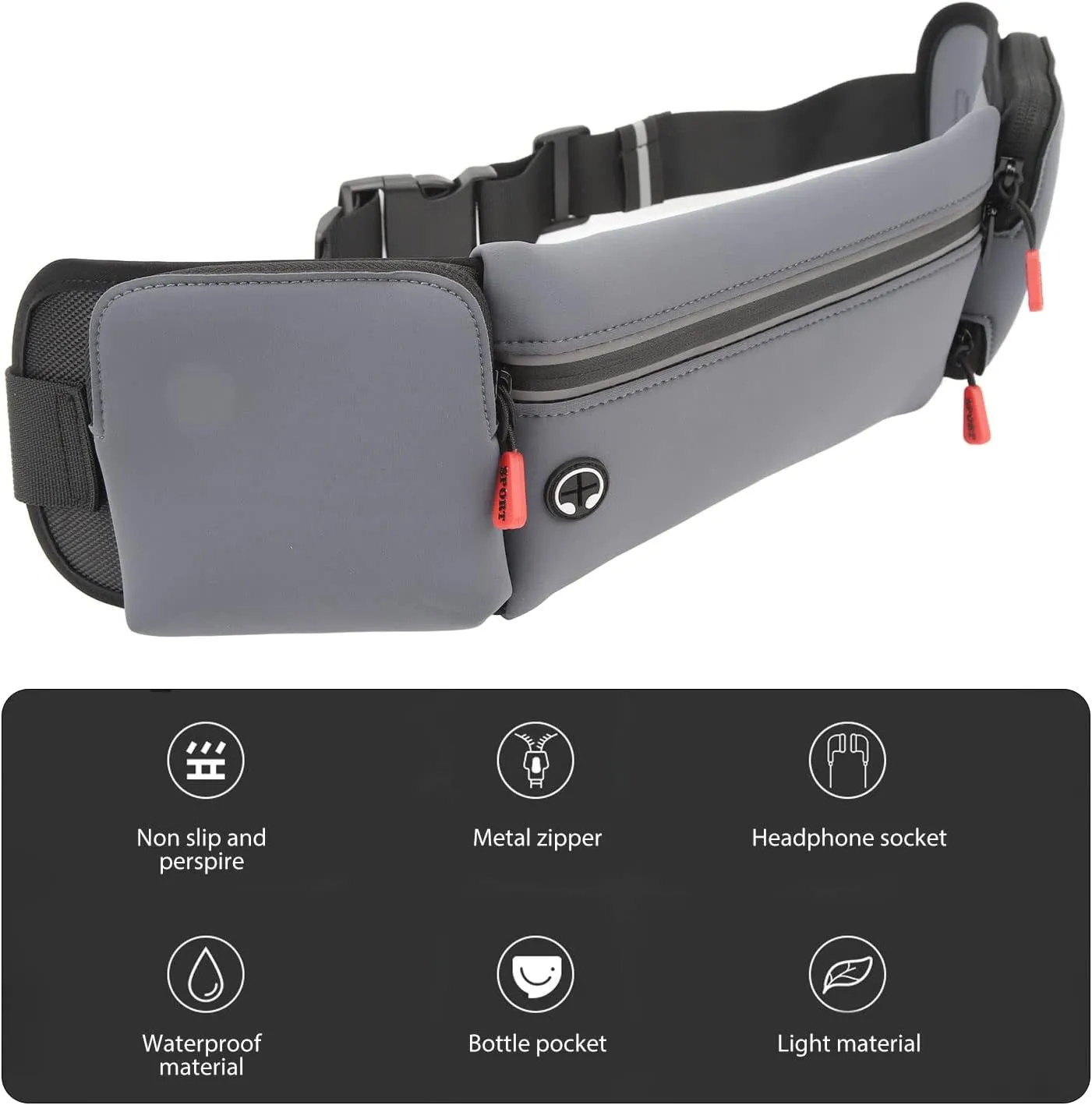Running Waist Pack, Hands, Polyurethane Fiber, Chinlon, Absorb Moisture, Portable Hydration Belt with 3 Large Pockets for Fitness (Grey)
