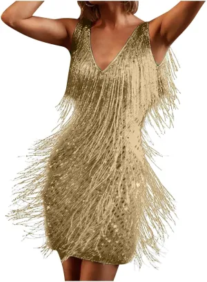Rvidbe Prom Dresses for Women 2024 Sexy Tassel Dresses Sleeveless V Neck Sequin Dress Trendy Dresses Party Club Mini Dress