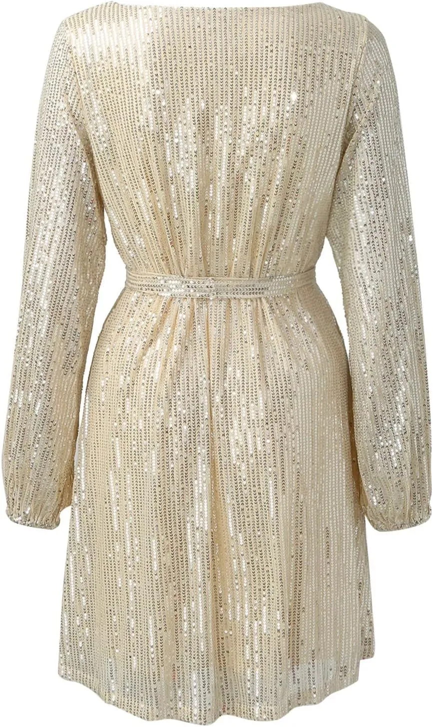 Rvidbe Women Sequin Midi Dress 2024 Fashion Casual Long Sleeve Sparkly Dress Wedding Guest Plus Size Formal Sexy Club Dresses