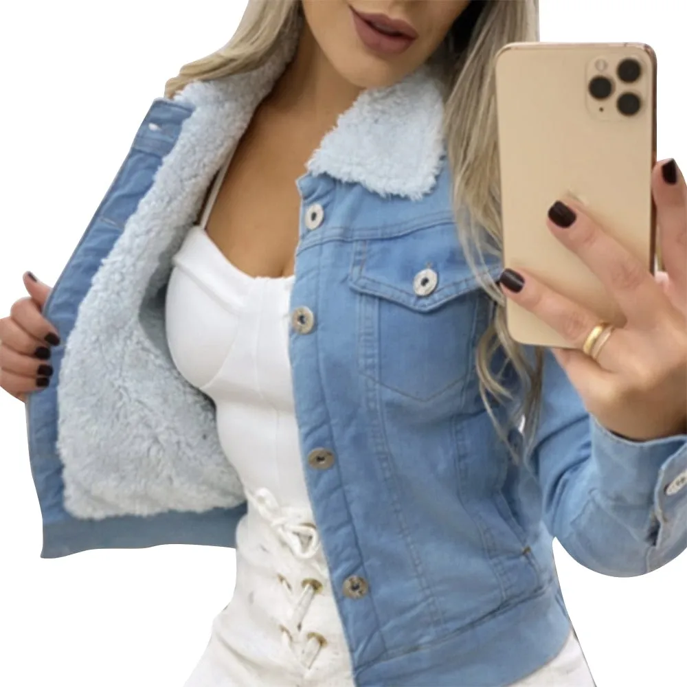 Sale Jean Jacket New Winter Denim Women Jacket Women Vintage Lambswool Warm Jackets Trendy Wide Long Sleeve Outwear Coats