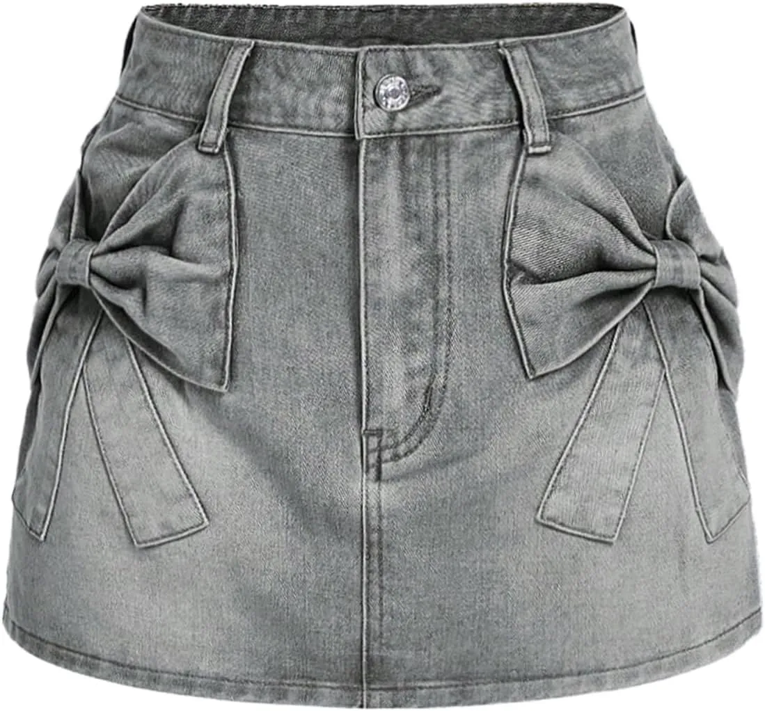 SHENHE Women's Denim Mini Skirt Bowknot Straight Jean Skirt Summer Cute Mini Skirts
