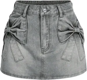 SHENHE Women's Denim Mini Skirt Bowknot Straight Jean Skirt Summer Cute Mini Skirts
