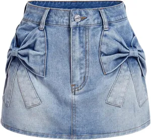 SHENHE Women's Denim Mini Skirt Bowknot Straight Jean Skirt Summer Cute Mini Skirts