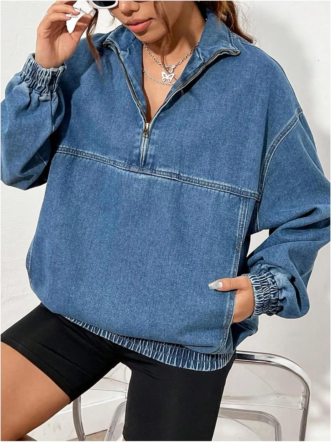 SHENHE Women's Oversized Denim Sweatshirt Half Zip Turtleneck Hoodie Y2K Jean Sweatshirt Top