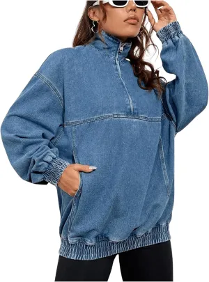 SHENHE Women's Oversized Denim Sweatshirt Half Zip Turtleneck Hoodie Y2K Jean Sweatshirt Top