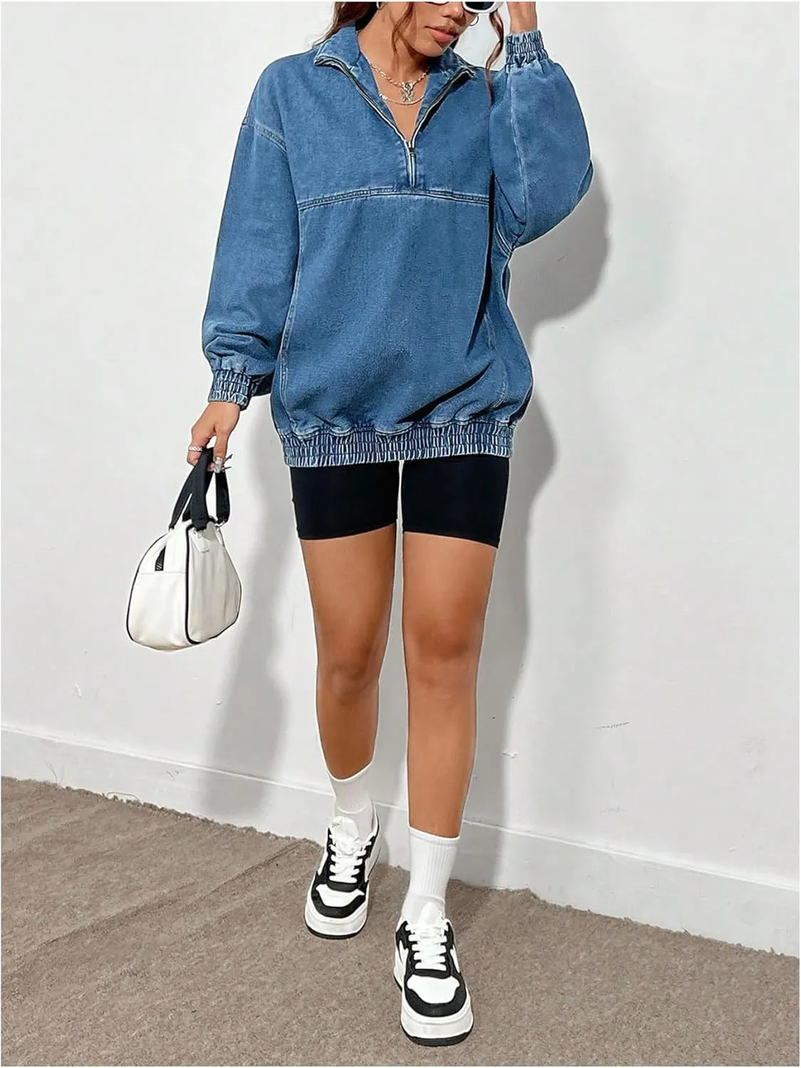 SHENHE Women's Oversized Denim Sweatshirt Half Zip Turtleneck Hoodie Y2K Jean Sweatshirt Top