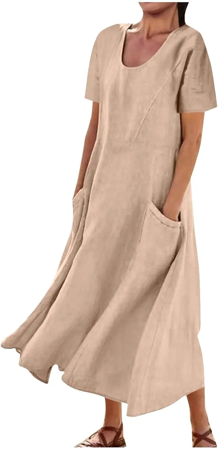 Sinzelimin Women Summer Dresses Boho Fashion Solid Color Cotton Linen Midi Dress Plus Size Loose Casual Pocket Beach Sundress