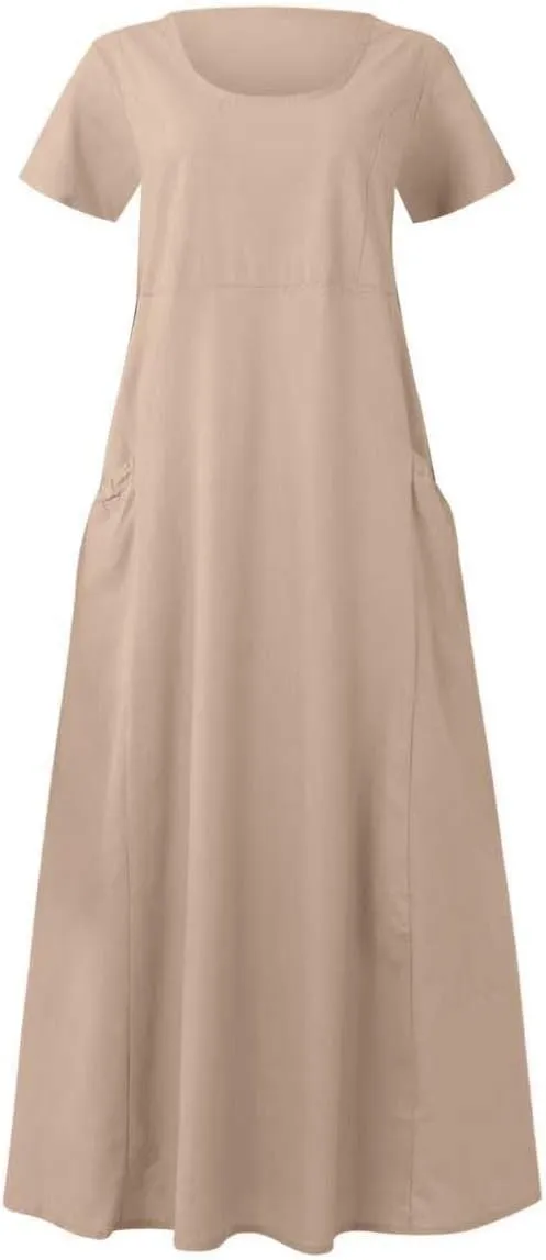 Sinzelimin Women Summer Dresses Boho Fashion Solid Color Cotton Linen Midi Dress Plus Size Loose Casual Pocket Beach Sundress