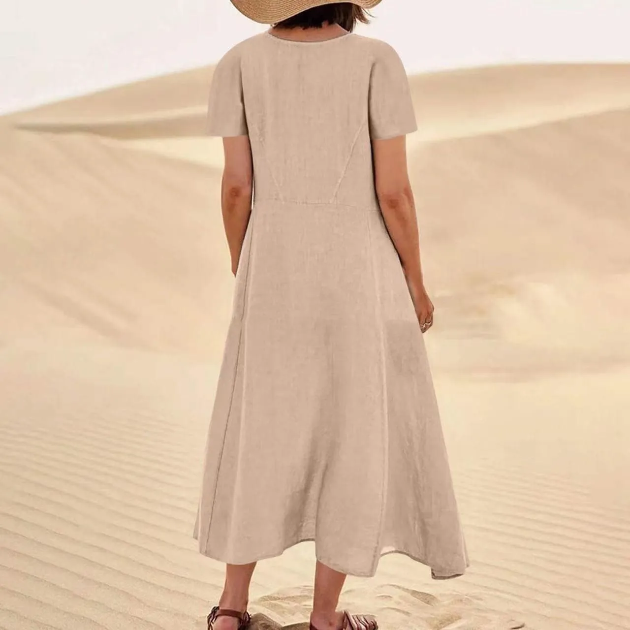 Sinzelimin Women Summer Dresses Boho Fashion Solid Color Cotton Linen Midi Dress Plus Size Loose Casual Pocket Beach Sundress