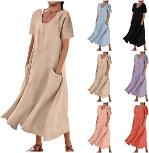 Sinzelimin Women Summer Dresses Boho Fashion Solid Color Cotton Linen Midi Dress Plus Size Loose Casual Pocket Beach Sundress