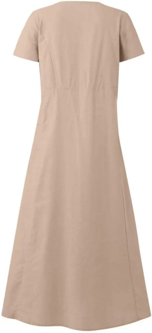 Sinzelimin Women Summer Dresses Boho Fashion Solid Color Cotton Linen Midi Dress Plus Size Loose Casual Pocket Beach Sundress