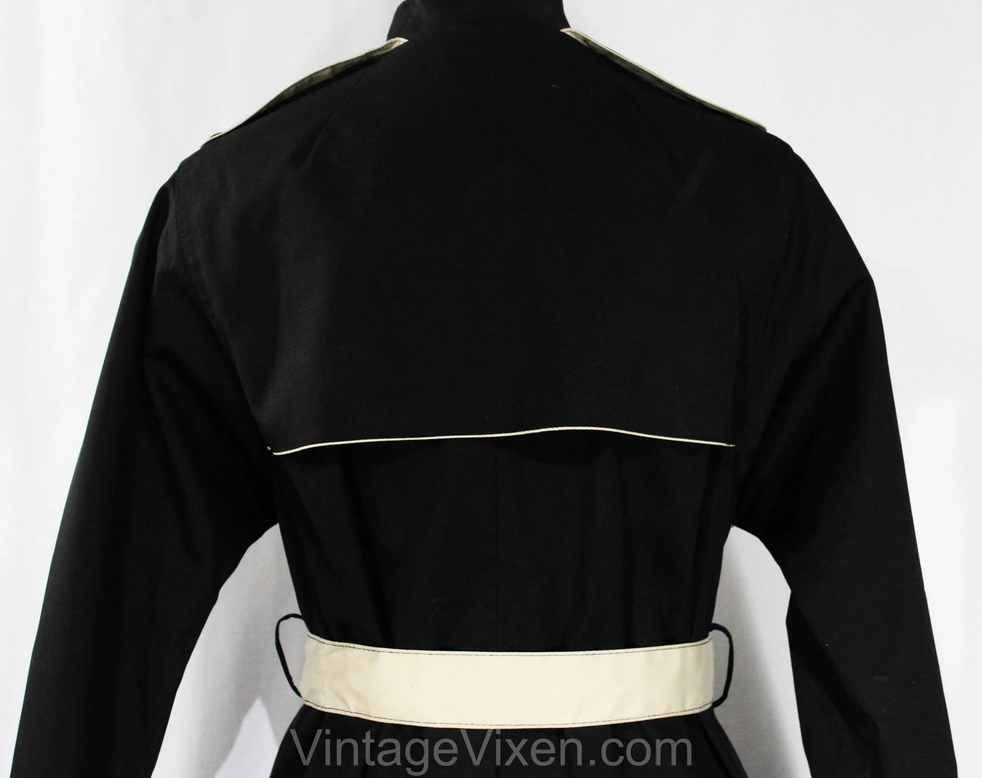 Size Medium Large Rain Coat - Black Cotton Canvas with Khaki Trim - 1970s 80s Button Front & Tie Belt - NWT 70s Deadstock - Bust 39
