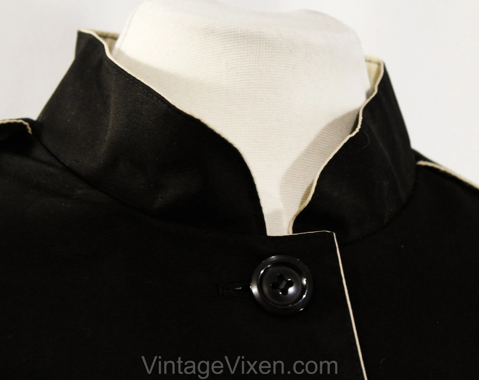 Size Medium Large Rain Coat - Black Cotton Canvas with Khaki Trim - 1970s 80s Button Front & Tie Belt - NWT 70s Deadstock - Bust 39
