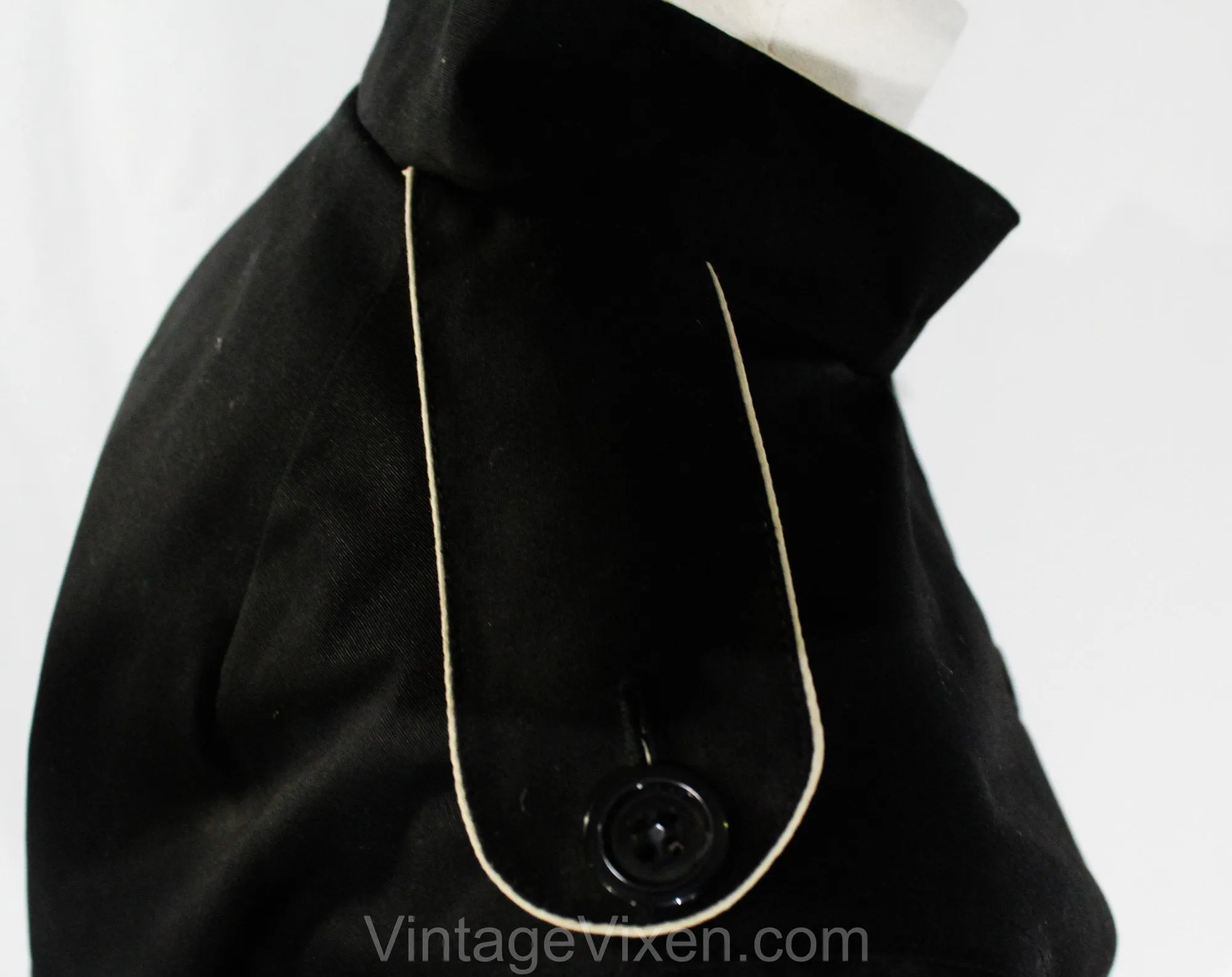 Size Medium Large Rain Coat - Black Cotton Canvas with Khaki Trim - 1970s 80s Button Front & Tie Belt - NWT 70s Deadstock - Bust 39