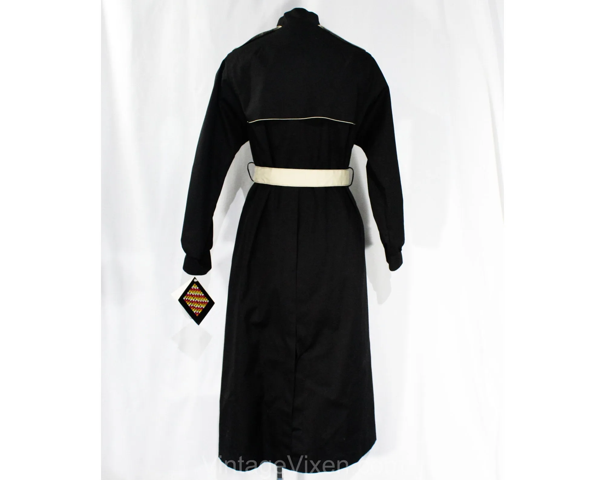 Size Medium Large Rain Coat - Black Cotton Canvas with Khaki Trim - 1970s 80s Button Front & Tie Belt - NWT 70s Deadstock - Bust 39