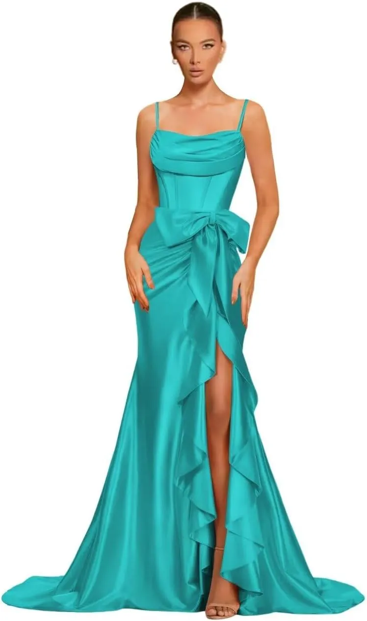 Spaghetti Straps Satin Prom Dresses for Women 2025 Ball Gown Mermaid Pleated Corset Cocktail Dress with Bow DE104