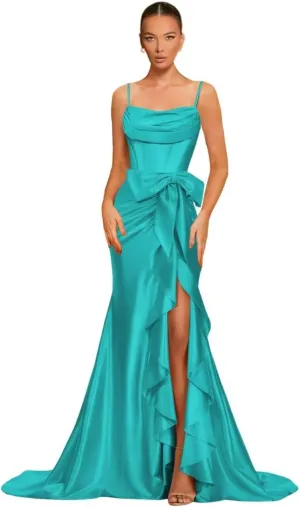 Spaghetti Straps Satin Prom Dresses for Women 2025 Ball Gown Mermaid Pleated Corset Cocktail Dress with Bow DE104