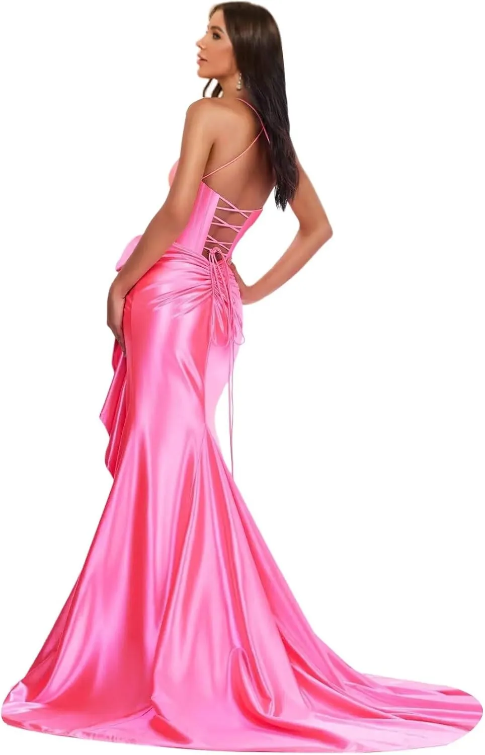 Spaghetti Straps Satin Prom Dresses for Women 2025 Ball Gown Mermaid Pleated Corset Cocktail Dress with Bow DE104